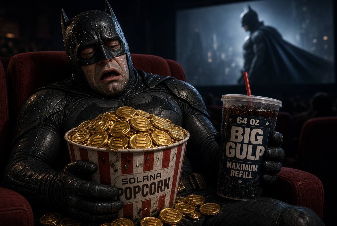 BATMAN 2 logo: an exhausted Batman in a cinema seat holding Solana popcorn full of gold coins and a 64 oz Big Gulp
